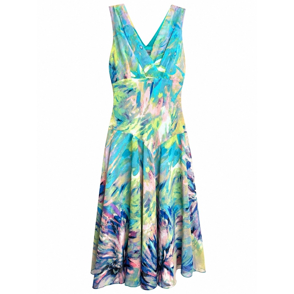 Rabbit Rabbit Rabbit Designs Floral Midi Dress Womens 10 Teal Watercolor Chiffon